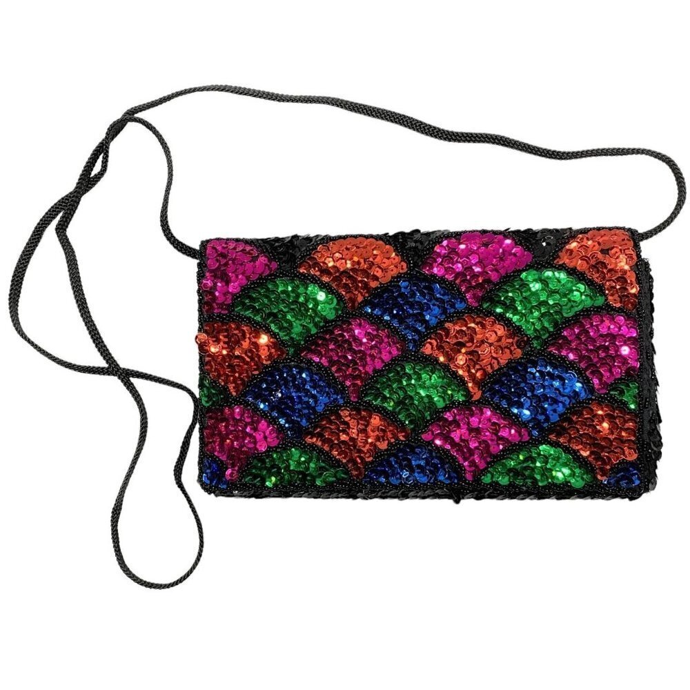 Vintage 90's La Regale Black/Multicolor Sequin Beaded Evening Shoulder Bag Y2K